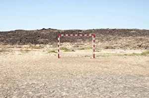 Football goal on a sandy ground, Caleta de Caballo, Lanzarote, Canary Islands, Spain Football goal on a sandy ground, Caleta de Caballo, Lanzarote, Canary Islands, Spain