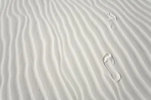 Footprints of barefoot hiker on white gypsum sand dune Footprints of barefoot hiker on white gypsum sand dune