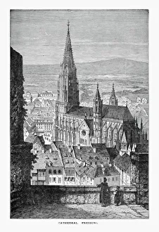 Freiburg Minster Cathedral in Breisgau, Germany Circa 1887 Freiburg Minster Cathedral in Breisgau, Germany Circa 1887