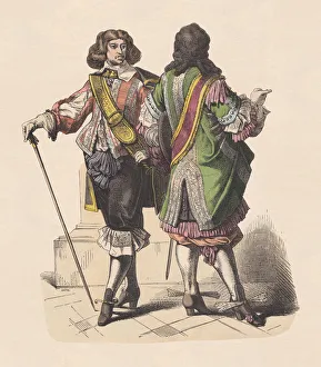 French cavalaiers, late 17th century, hand-colored wood engraving, published c.1880 French cavalaiers, late 17th century, hand-colored wood engraving, published c.1880