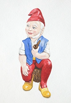 Collections/dorling kindersley prints/garden gnome sitting tree stump holding pipe Collections/dorling kindersley prints/garden gnome sitting tree stump holding pipe