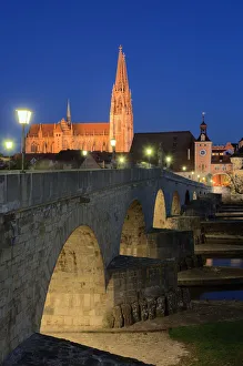Germany, Bavaria, Regensburg, Cathedral, town gate and stone bridge on Danube river at Germany, Bavaria, Regensburg, Cathedral, town gate and stone bridge on Danube river at