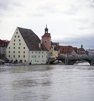 Germany, Bavaria, Regensburg, View Of River Danube, Historic Salt House, And Clock Tower Germany, Bavaria, Regensburg, View Of River Danube, Historic Salt House, And Clock Tower