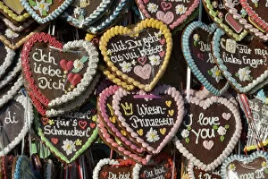 Affectionate Gallery: Gingerbread hearts at a stall, Oktoberfest, Munich, Upper Bavaria, Bavaria, Germany