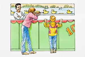 Girl at funfair stall shooting at ducks, boy and man watching Girl at funfair stall shooting at ducks, boy and man watching