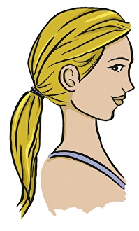 Girl in strap top with long blonde hair tied at back, side view Girl in strap top with long blonde hair tied at back, side view