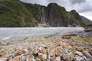 Glacial valley with abraded mountain edges of the Fox Glacier, Fox Glacier Glacial valley with abraded mountain edges of the Fox Glacier, Fox Glacier