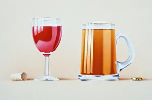 Glass of red wine, cork, glass of beer, bottle top Glass of red wine, cork, glass of beer, bottle top