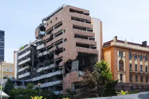 Prints of Remains of a government building bombed by NATO during the Yugoslav wars, Savski Venac, New Belgrade, Belgrade, Serbia Kosovo Prints: Yugoslav War Ruins Print