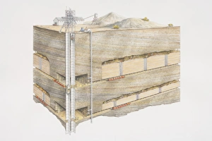 Gold mine, overground site with buildings and rubble heaps, underground cross section Gold mine, overground site with buildings and rubble heaps, underground cross section