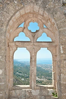 Images Dated 24th May 2011: Gothic tracery, decorated window, St. Hilarion Castle, crusader castle, overlooking sea and coast
