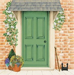 Green front door with climbers around frame, and potted plants Green front door with climbers around frame, and potted plants