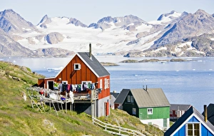 Greenland, Kulusuk, houses with laundry lines Greenland, Kulusuk, houses with laundry lines