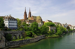 Gross Basel Muenster as seen from Wettsteinbruecke bridge, Basel, Switzerland, Europe Gross Basel Muenster as seen from Wettsteinbruecke bridge, Basel, Switzerland, Europe