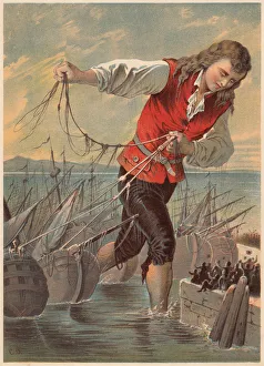 Gulliver captured the enemys fleet by the Blefuscudians, lithograph, c.1880 Gulliver captured the enemys fleet by the Blefuscudians, lithograph, c.1880