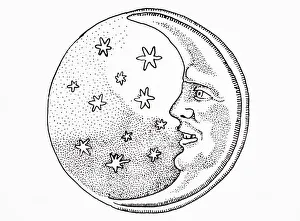 Half-moon with human face placed within moon and night-sky Half-moon with human face placed within moon and night-sky