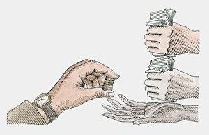 Hand holding coins above another persons open palm, other hands clasping banknotes Hand holding coins above another persons open palm, other hands clasping banknotes