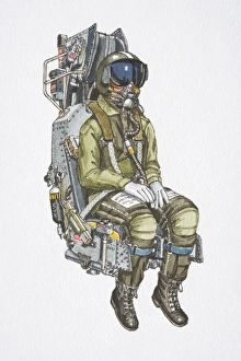 Harrier Jet pilot strapped into seat wearing a helmet, visor, oxygen mask and jumpsuit Harrier Jet pilot strapped into seat wearing a helmet, visor, oxygen mask and jumpsuit