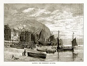 Hastings, England The Fishermen's Quarter Victorian Engraving Hastings, England The Fishermen's Quarter Victorian Engraving