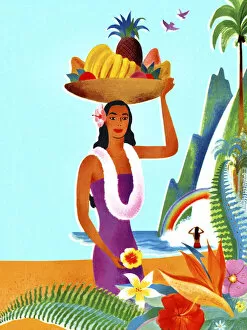 Tropic Gallery: Hawaiian Woman with a Fruit Basket on Her Head