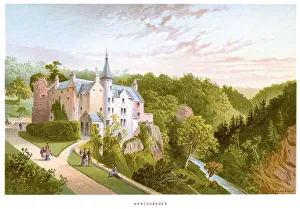 <b class=qtipBold><figcaption>Hawthornden Castle</figcaption></b><br>'Vintage print of Hawthornden Castle located on the River North Esk in Midlothian, Scotland. Hawthornden was a property of the Abernethy family from the 13th century, and passed to the Douglases in the 14th century. The earliest parts of the castle date from the 15th century, and include a large three-storey tower, and the south curtain wall of a triangular courtyard. The castle was sacked twice by the Earl of Hertford in 1544 and 1547 during The Rough Wooing.'<br><em>© duncan1890</em> Hawthornden Castle