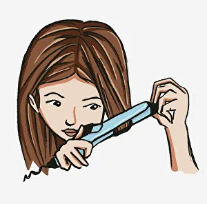Head of girl with long, straight brown hair wrapping front strands around barrel of Head of girl with long, straight brown hair wrapping front strands around barrel of