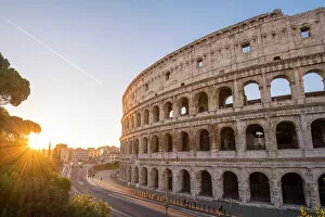 High angle view over the Colosseum at sunrise. Rome, Lazio, Italy