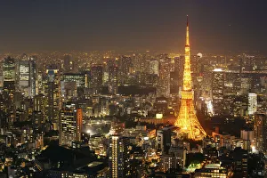 High angle view of Tokyo Tower at night, Japan High angle view of Tokyo Tower at night, Japan
