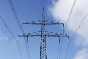 High voltage power line and utility pole, Bergrheinfeld, Franconia, Bavaria, Germany High voltage power line and utility pole, Bergrheinfeld, Franconia, Bavaria, Germany