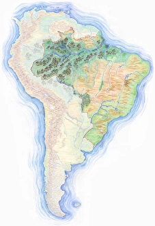 Highly detailed hand-drawn map of Brazil within the outline of South America with a Highly detailed hand-drawn map of Brazil within the outline of South America with a