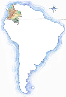 Highly detailed hand-drawn map of Colombia within the outline of South America with a Highly detailed hand-drawn map of Colombia within the outline of South America with a