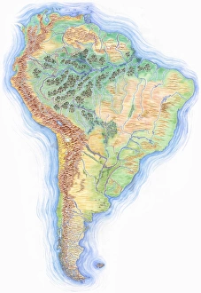 Highly detailed hand-drawn map of South America with Brazil highlighted Highly detailed hand-drawn map of South America with Brazil highlighted