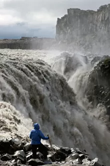 Rivers Gallery: Hiker at Dettifoss Waterfall, Joekulsargljufur, Iceland, Europe