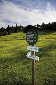 Hiking sign, Groeblalm mountain pastures near Mittenwald, Karwendelgebirge mountains Hiking sign, Groeblalm mountain pastures near Mittenwald, Karwendelgebirge mountains