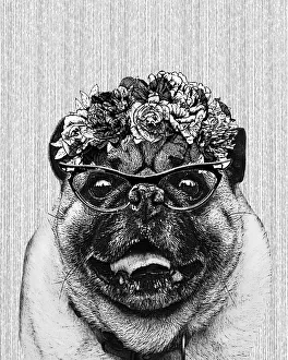Hipster Pug Dog Illustration With Floral Crown And Glasses Hipster Pug Dog Illustration With Floral Crown And Glasses