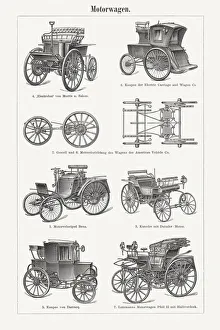 Historic automobiles, wood engravings, published in 1898