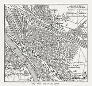 Historical city map of Mannheim, Baden-WAOErttemberg, Germany, woodcut, published 1897 Historical city map of Mannheim, Baden-WAOErttemberg, Germany, woodcut, published 1897