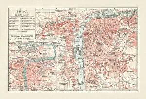 Historical city map of Prague, Czech Republic, lithograph, published 1897