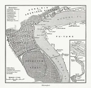 Images Dated 27th January 2019: Historical city map of Shanghai, China, wood engraving, published 1897