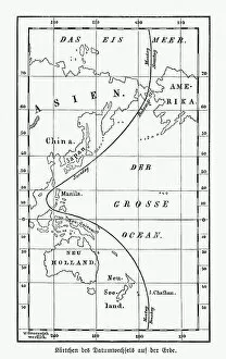 Maps Gallery: Historical map with the date line, wood engraving, published 1893