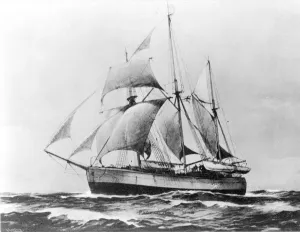 Prints of circa 1895: The Fram, a polarship especially constructed to withstand the great pressure of polar ice. The ship was commisioned for the Norwegian explorer Fridtjof Nansen (1861 - 1930) Famous Explorers Prints: The Fram Polarship Print circa 1895