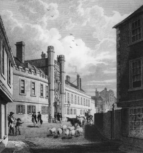 Prints of The gatehouse of Christs College, Cambridge, on St Andrews Street, circa 1800. (Photo by Hulton Archive/Getty Images) Cambridgeshire Prints: Christ's College Gatehouse Print, circa 1800