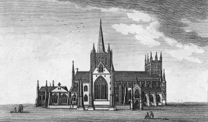 Prints of circa 1780: The cathedral church of St Mary and St Ethelbert in Hereford. Houses the 13th century Mappa Mundi. Original Artwork: Engraved by Thornton (Photo by Hulton Archive/Getty Images) Hereford Prints: Hereford Cathedral Print circa 1780
