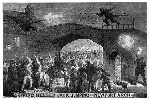 Prints of Spring-Heeled Jack, a devil-like character of English urban legend escapes from an angry mob at Newport Arch in Lincoln, 1877 Lincolnshire Prints: Spring-Heeled Jack Print, 1877