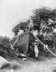 Prints of circa 1930: The launch built by Andrew Hazlewood at Monkey Point in Rangoon, Burma. (Photo by Hulton Archive/Getty Images) Myanmar Prints: Launch in Burma Print circa 1930