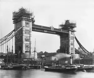 Prints of circa 1893: Tower Bridge, London, under construction. (Photo by London Stereoscopic Company/Getty Images) World Famous Bridges Prints: Tower Bridge Print, London 1893