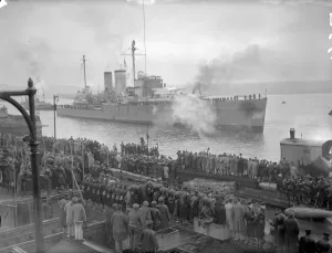 Warship Prints: HMS Exeter Print: Damaged Warship at Plymouth, February 1940