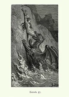 Human sacrifice chained to a rock, Sea monster, fantasy Human sacrifice chained to a rock, Sea monster, fantasy