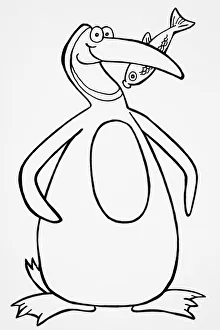 Humorous depiction of penguin with fish in beak Humorous depiction of penguin with fish in beak
