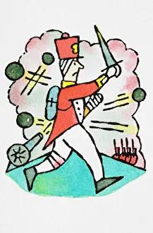 Humorous depiction of Redcoat Soldier rushing into battle holding sword Humorous depiction of Redcoat Soldier rushing into battle holding sword